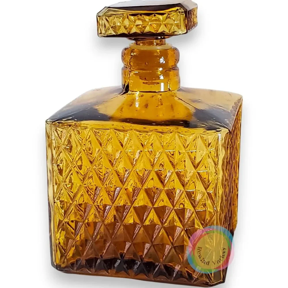 Vintage Mid Century Amber Glass Diamond Decanter Set Taiwan